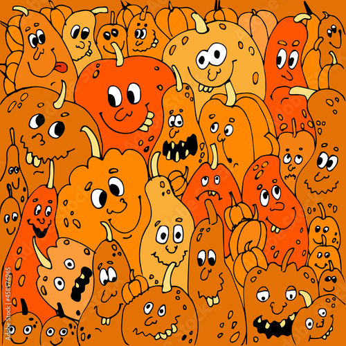 Halloween pumpkin vector collage. Characters with faces, eyes, mouths and teeth and in different moods and shapes. A fun image for your doodle style design.