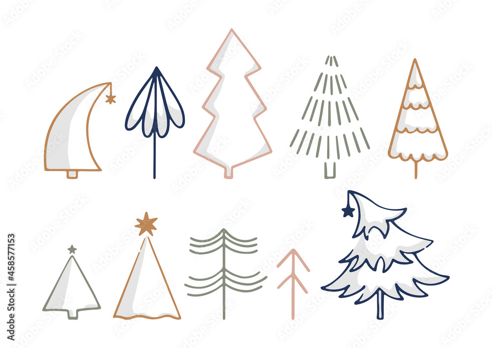 Hand drawn colorful line art collection with pine trees isolated on white background. Simple doodle Christmas tree icons for winter holidays and decorative design. Vintage festive traditional symbols Hand drawn colorful line art collection with pine trees isolated on white background. Simple doodle Christmas tree icons for winter holidays and decorative design. Vintage festive traditional symbols