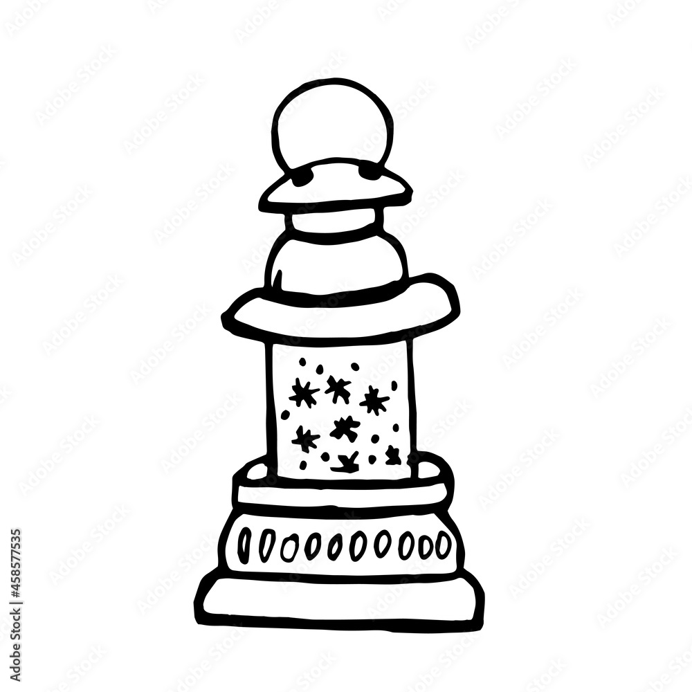 Doodle kerosene lamp. Christmas lamp in black outline. Snowflakes. Vector illustration. Doodle kerosene lamp. Christmas lamp in black outline. Snowflakes. Vector illustration.