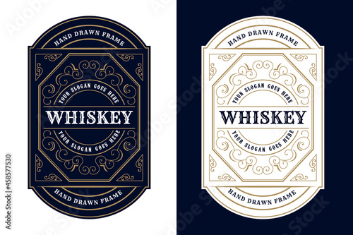 Whiskey Bourbon Vintage luxury antique logo border frame western engraving labels for beer wine whiskey alcohol product box packaging label vector printable template