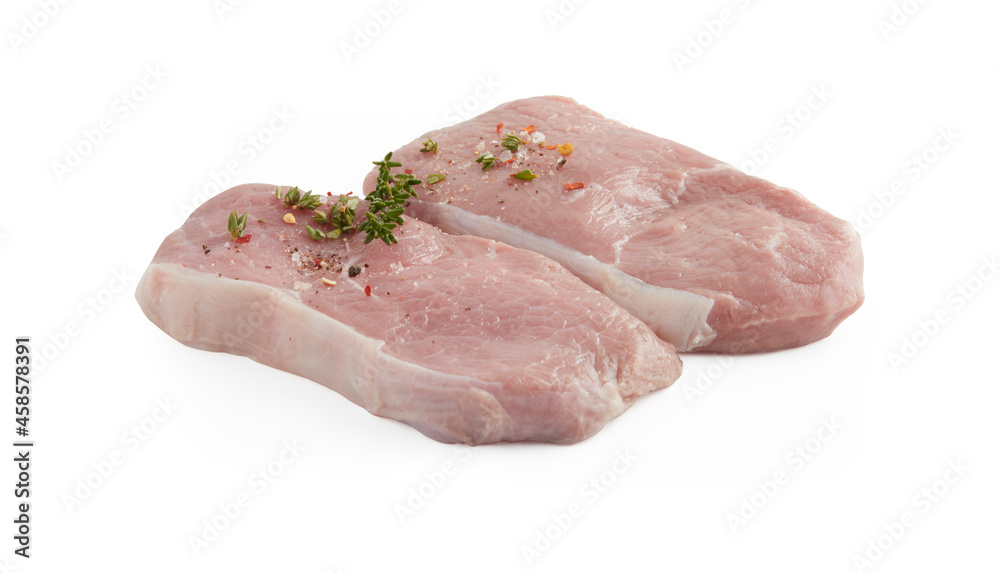 Fillet fresh raw beef meat rib eye tenderloin steak mix spice rosemary isolated on white background with cut out have clipping path Fillet fresh raw beef meat rib eye tenderloin steak mix spice rosemary isolated on white background with cut out have clipping path