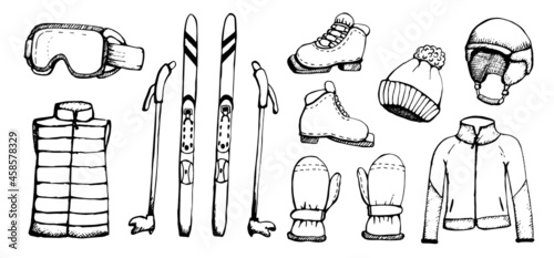 Set of winter sports. Ski equipment in black outline. Skis, protective sports mask, hat, winter gloves, warm jacket. Illustration of skis in black outline vector.