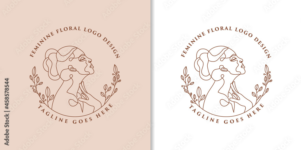 Hand drawn feminine woman beauty minimal face and floral botanical logo template for makeup spa salon skin & hair care line art portrait vector printable illustration design