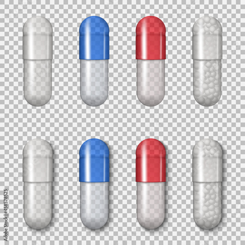 Set of realistic capsules pills with transparent shell isolated on transparent background. Variety of tablets with and without shadow. Vector illustration.