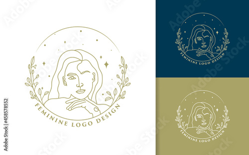 Hand drawn feminine woman beauty minimal face and floral botanical logo template for makeup spa salon skin & hair care line art portrait vector printable illustration design
