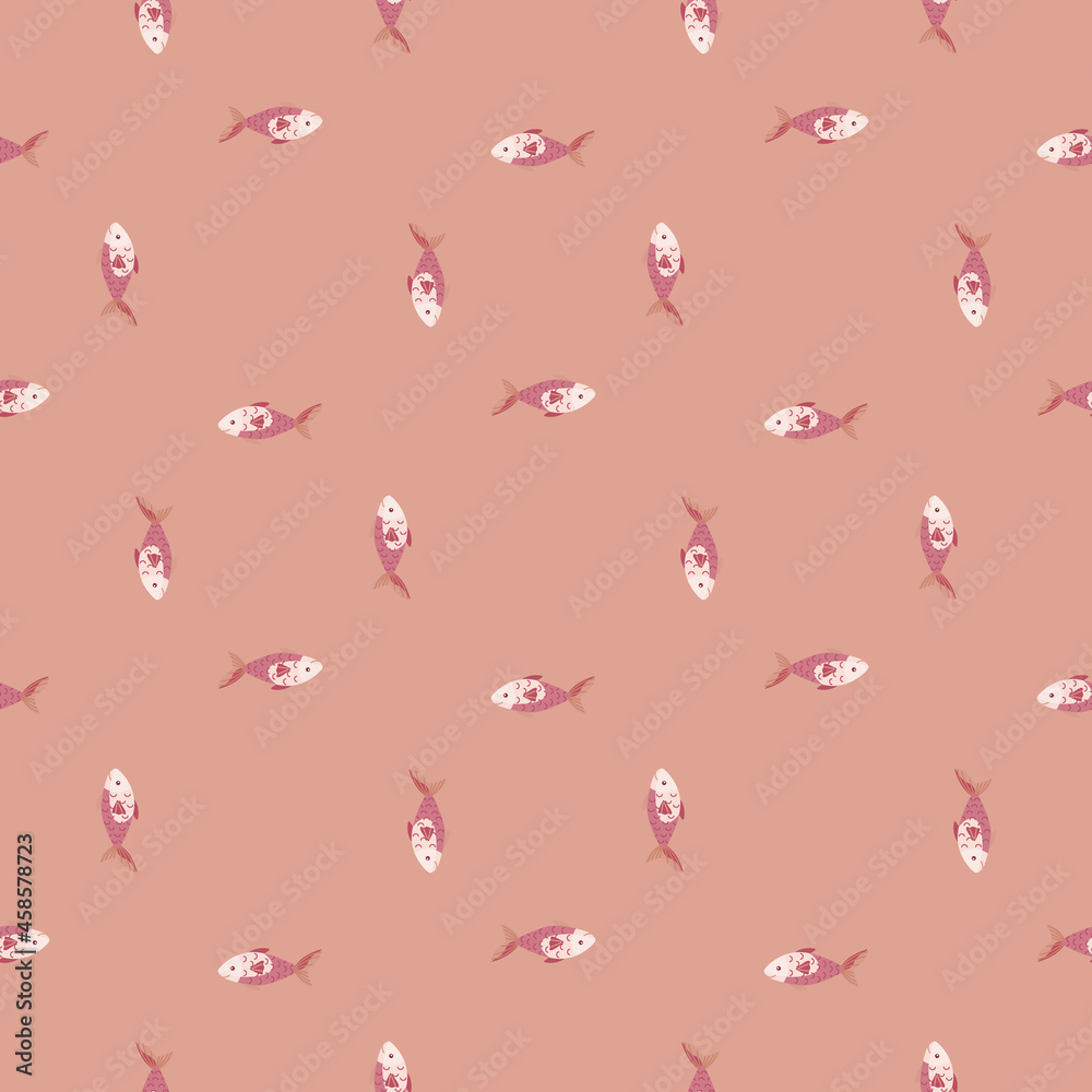 Seamless pattern fish on pastel pink background. Abstract ornament with sea animals.