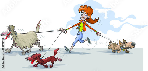 Cartoon of a girl walking a few dogs. On separated layers. (ID: 458578719)