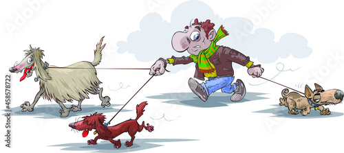 Cartoon of a man walking a few dogs. On separated layers. (ID: 458578722)