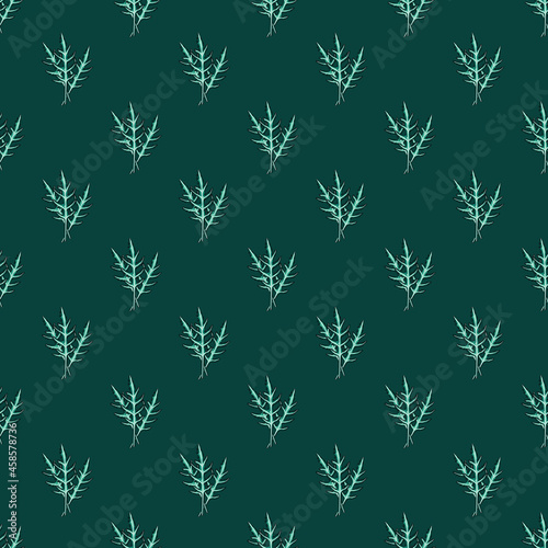 Seamless pattern bunch arugula salad on teal background. Abstract ornament with lettuce.