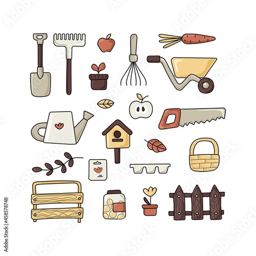 Set of icons of garden tools. Design of garden shop, garden centers. All objects are separated. Vector illustration.