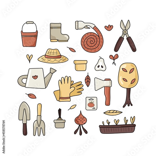 Set of icons of garden tools. Design of garden shop, garden centers. All objects are separated. Vector illustration.