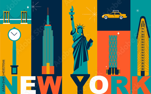 New York culture travel set, famous architectures and specialties in flat design. Business US tourism concept clipart. Image for presentation, banner, website, advert, flyer, roadmap, icons