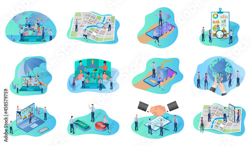 Contract signing,GPS navigation, online co-operation,new projects, insurance business business analytics.A set of isometric icons vector illustrations on the topic of business and technology.