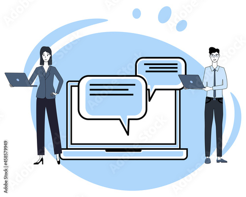 Social networks and messengers.The concept of online communication.People on the background of a laptop and messages.Flat vector illustration.