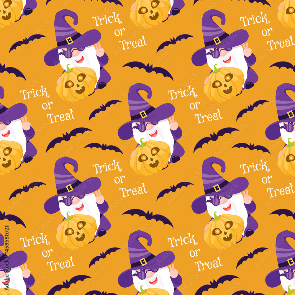 Funny halloween pattern with gnome and pumpkin