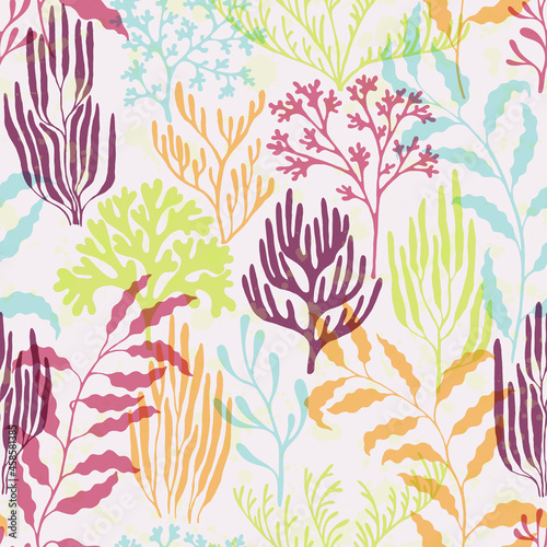 Ocean corals seamless pattern., Ocean depth undersea bottom coral reef flourish.