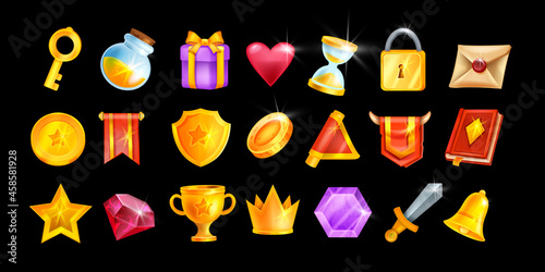 UI game icon set, vector casino interface object kit, magic inventory element collection, golden crown. Mobile app badge pack, magic potion bottle, trophy cup, letter, notification bell. Game icons