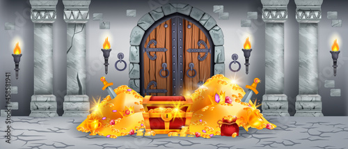 Gold treasure chest background, vector game castle dungeon interior, stone pillar, medieval gate, torch. Hidden ancient trunk, coin piles, royal crown, knight sword, gemstone, red bag. Treasure chest