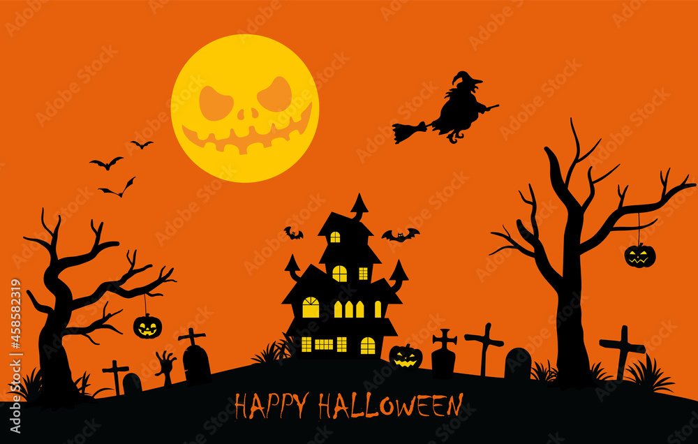 Holiday Halloween background. Black silhouettes of pumpkins, witch and haunted house on orange night sky background. Graveyard and broken trees. Vector illustration eps10.