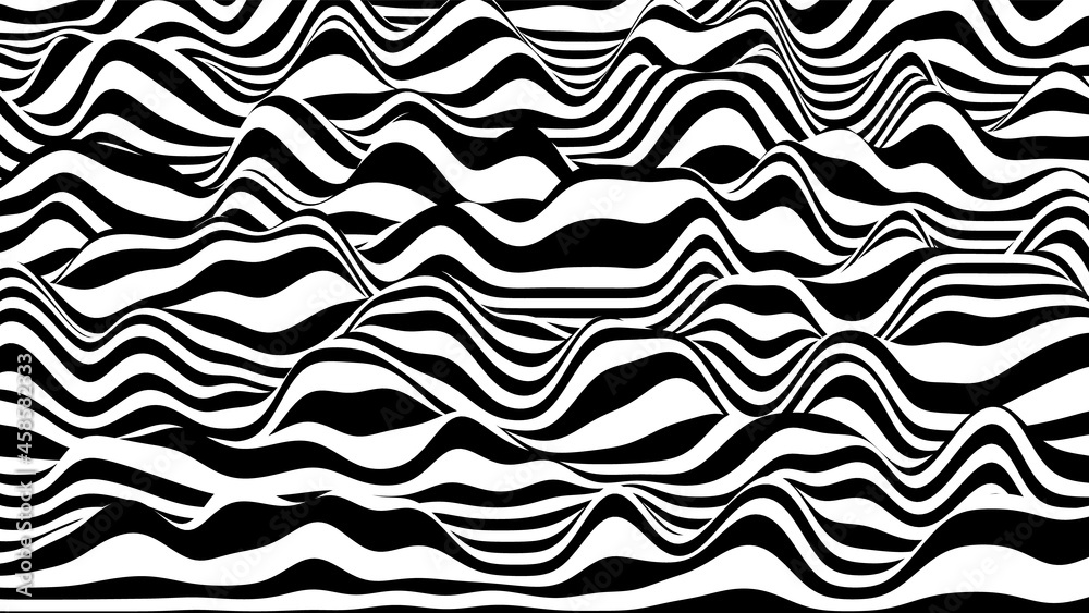Trendy 3D black and white stripes distorted backdrop. Procedural ripple background with optical illusion effect Trendy 3D black and white stripes distorted backdrop. Procedural ripple background with optical illusion effect