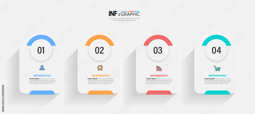 Infographics design template, business concept with 4 steps or options, can be used for workflow layout, diagram, annual report, web design.Creative banner, label vector. - obrazy, fototapety, plakaty 