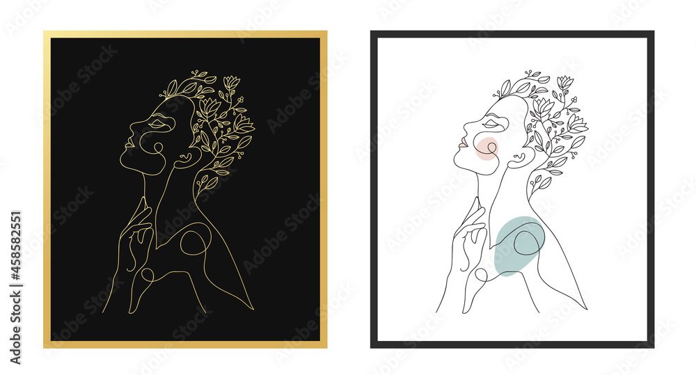 Vector minimalist style continuous one line art portrait. Line flower, woman Hand drawn abstract feminine print. Use for wall decor, beauty logo, poster illustration, card, t-shirt print Vector minimalist style continuous one line art portrait. Line flower, woman Hand drawn abstract feminine print. Use for wall decor, beauty logo, poster illustration, card, t-shirt print