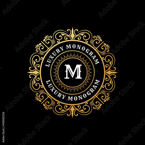 letter m Antique retro luxury victorian calligraphic emblem heraldic logo template with decorative ornamental frame monogram photo