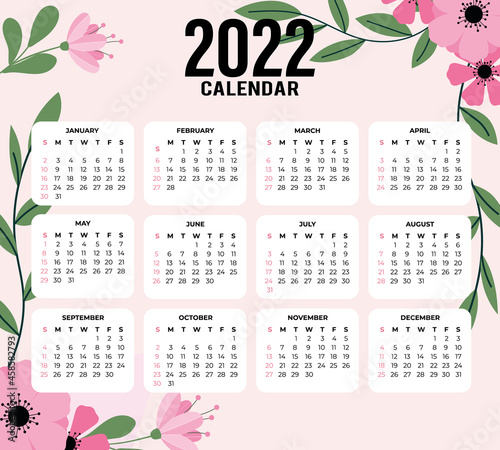 2022 calendar template with floral design. Vector illustration.