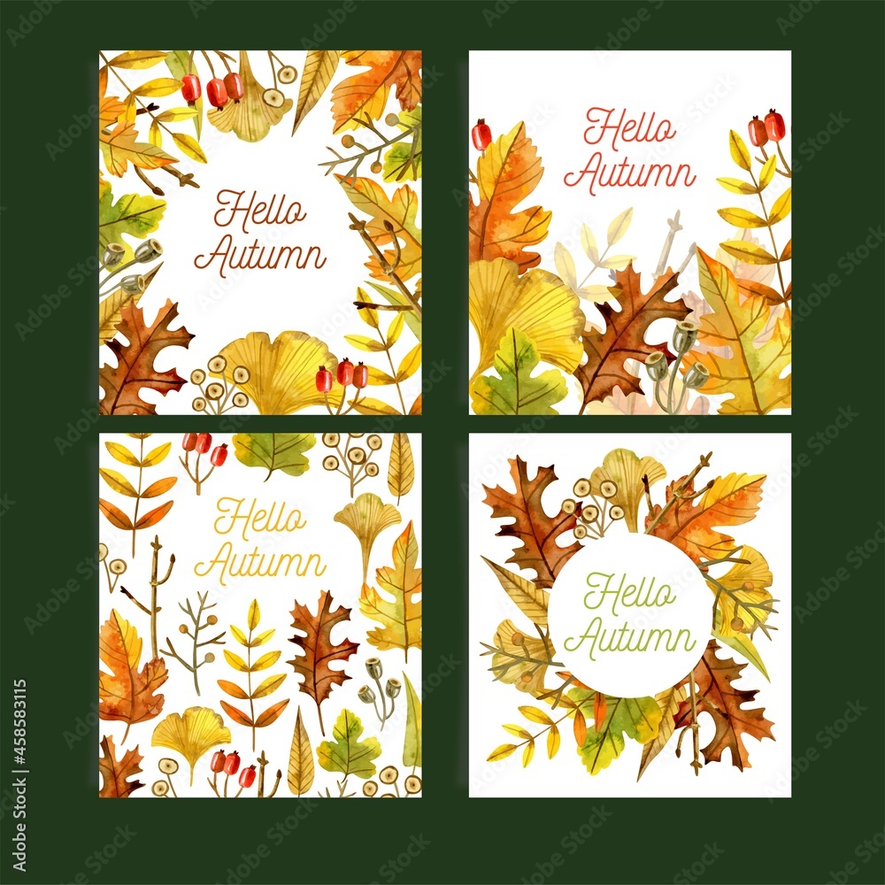 collection watercolor autumn cards vector design illustration