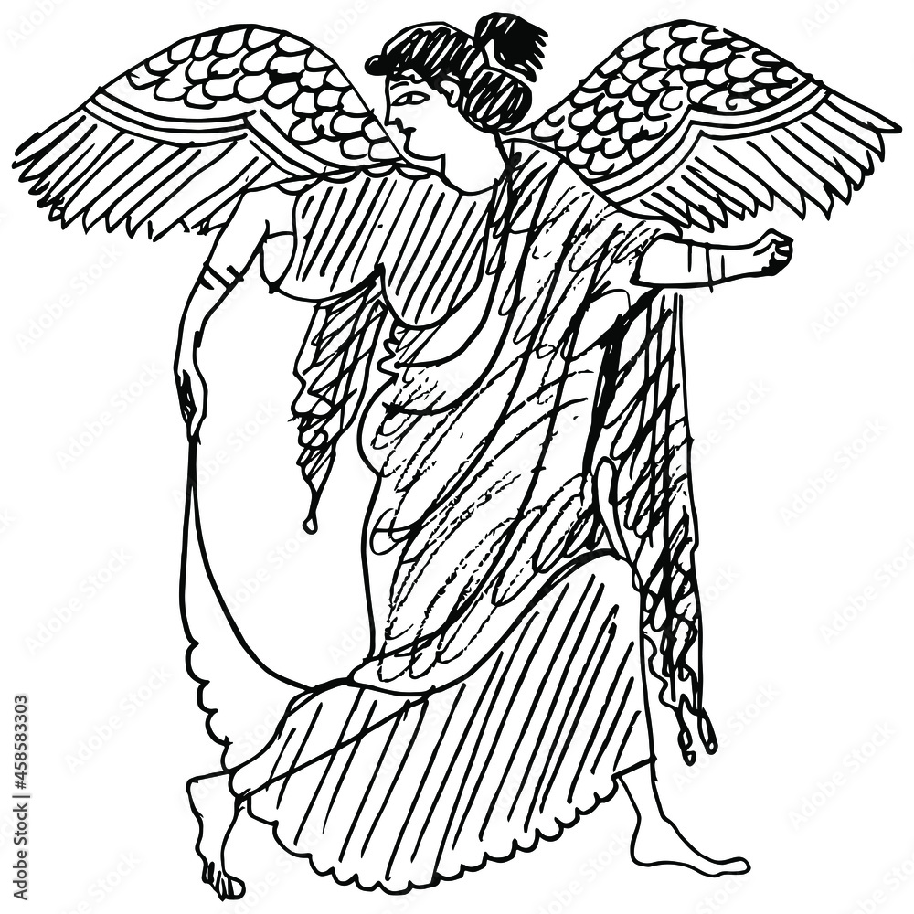 Ancient Greek winged goddess Nike. Vase painting style. Antique angel. Hand  drawn linear doodle rough sketch. Black silhouette on white background.  Stock Vector | Adobe Stock