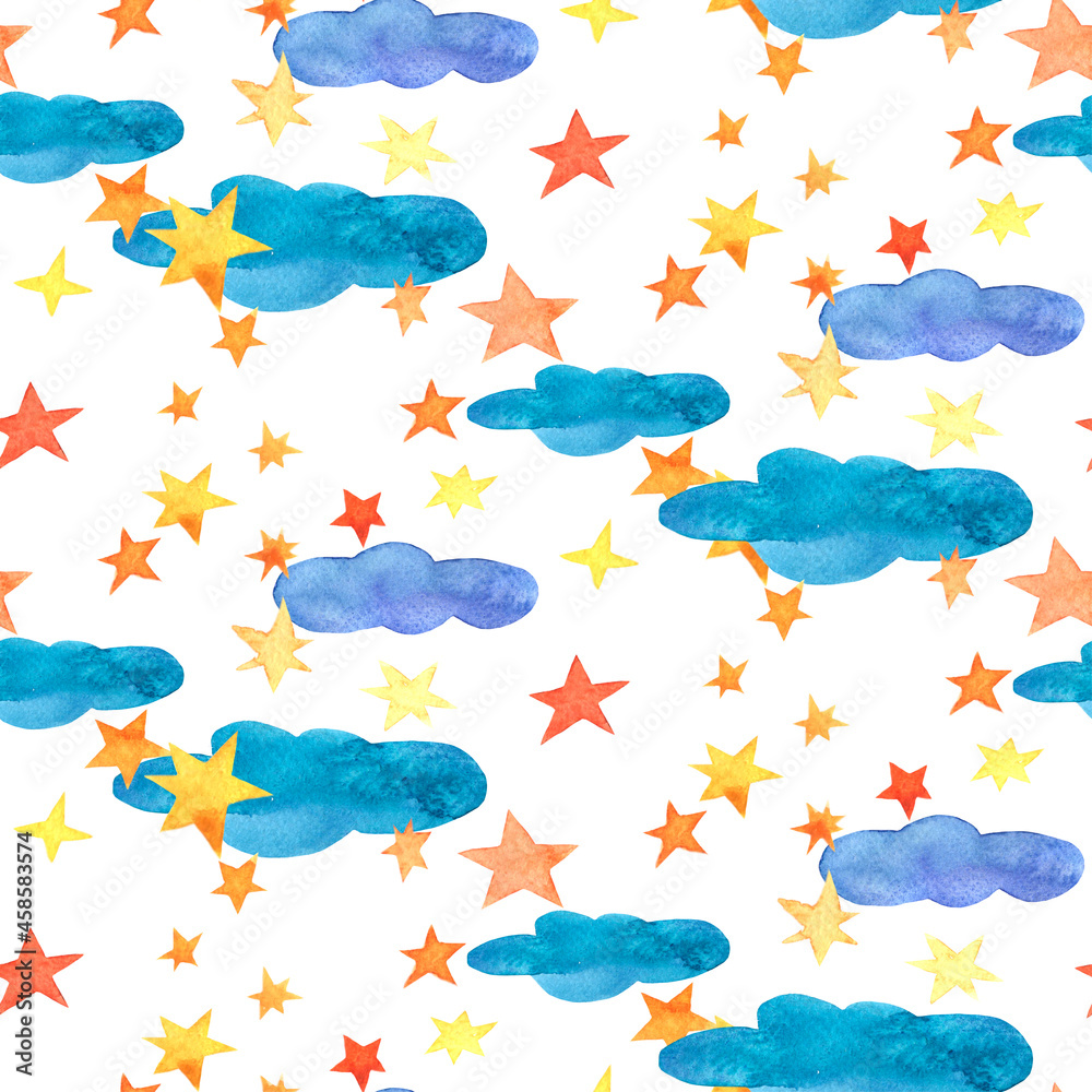 Obraz premium Watercolor illustration, seamless pattern, blue clouds with stars.Children's illustration, the sky isolated on a white background.A good one is suitable for printing on fabric and paper.
