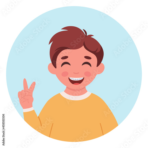 Boy with braces on teeth. Dental care. Vector illustration