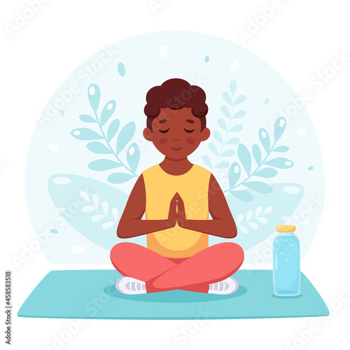 Black boy meditating in lotus pose. Gymnastic  yoga and meditation for children. Vector illustration