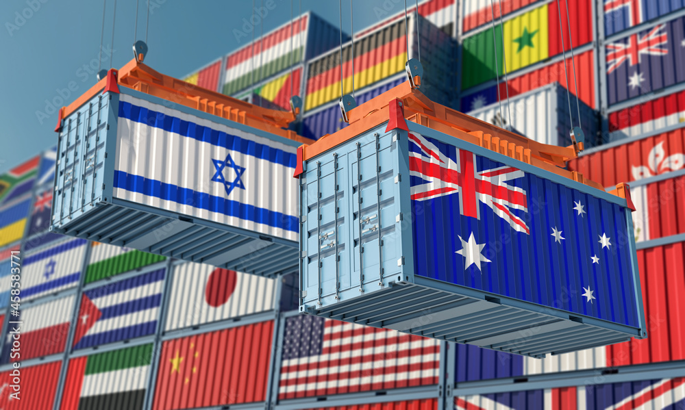 Freight containers with Australia and Israel national flags. 3D Rendering 