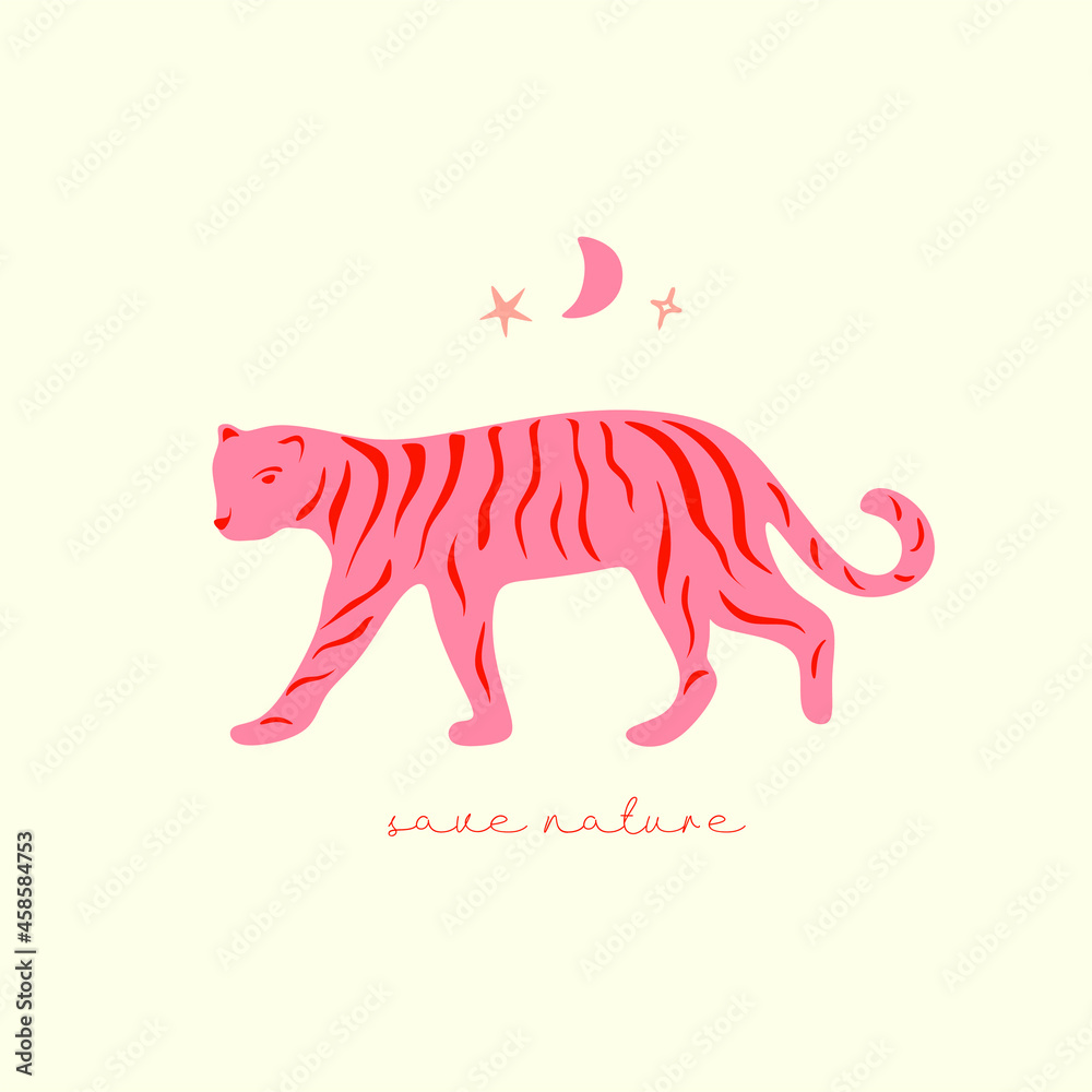 Vector card with cute boho asian style tiger face. Beautiful animal print design. Fashionable stylish poster or postcard. Childish animal, baby illustration, bengal tiger 2022 New Year. Year of tiger