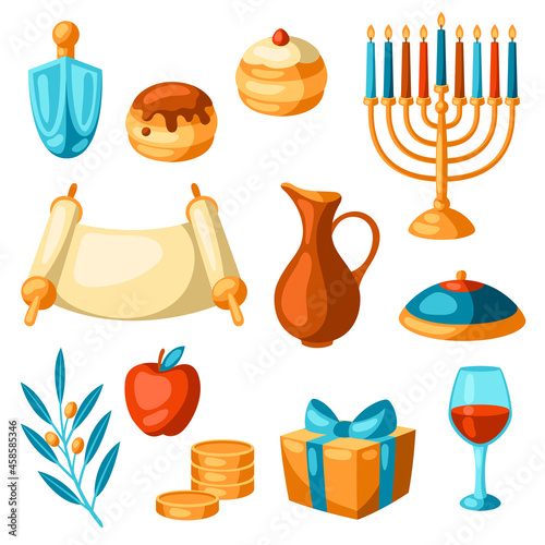 Set of Happy Hanukkah religious symbols. Illustration of holiday objects.