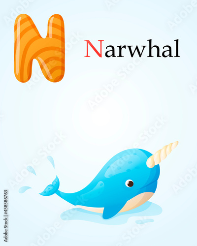 Kids banner with english alphabet letter N and cartoon image of cute narwhal with a big horn splashing in the water.