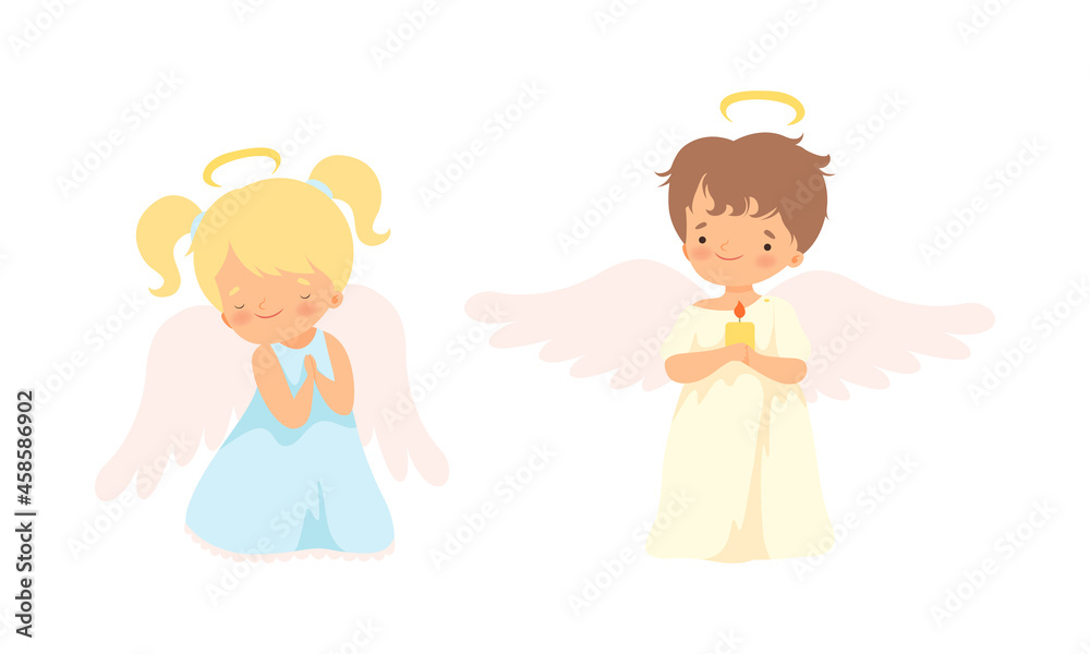 Cute Baby Angels with Nimbus and Wings Vector Set Cute Baby Angels with Nimbus and Wings Vector Set