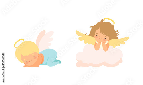 Cute Baby Angels with Nimbus and Wings Vector Set