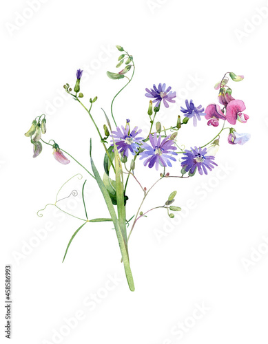 Watercolor bouquet of blue and pink city flowers