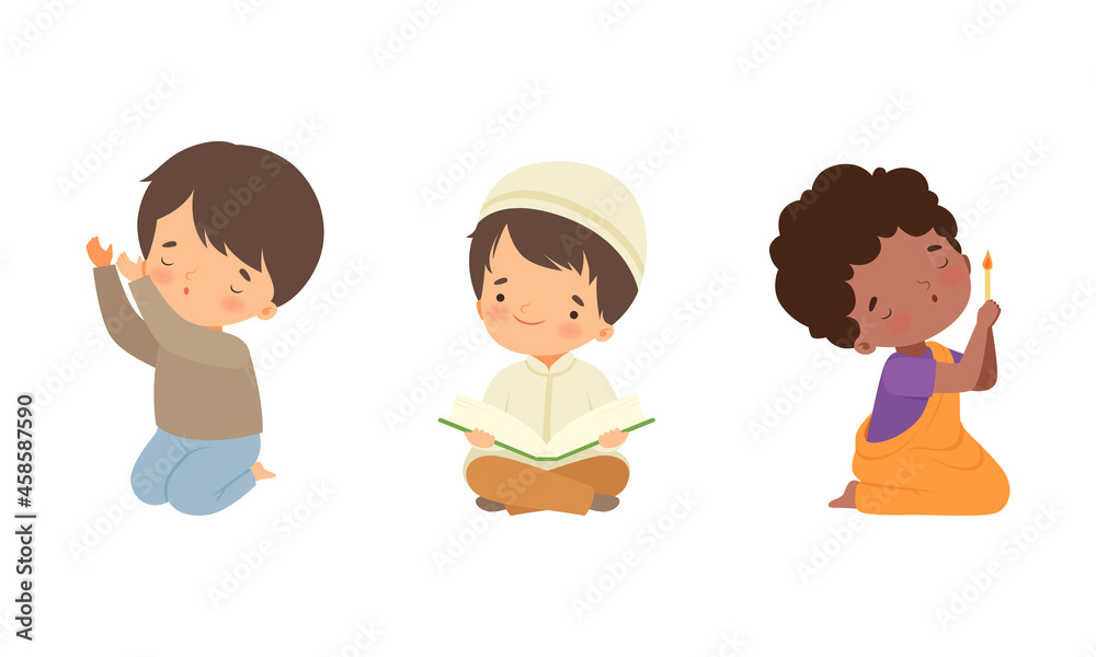 Little Kid Reading Quran and Kneeling Praying Vector Set Little Kid Reading Quran and Kneeling Praying Vector Set