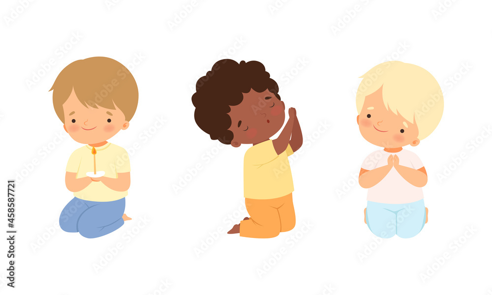 Little Kid Kneeling and Praying with Folded Hands Vector Set Little Kid Kneeling and Praying with Folded Hands Vector Set