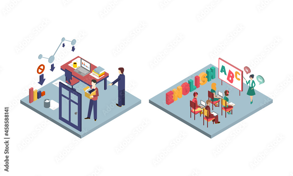 Language Course and Job Quit or Dismissal Isometric Vector Set