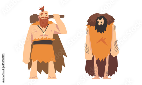 Primitive Man Character from Stone Age Wearing Animal Skin and Holding Bludgeon Vector Set