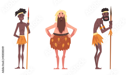 Primitive Man Character from Stone Age and African Aboriginal Wearing Animal Skin and Holding Spear Vector Set