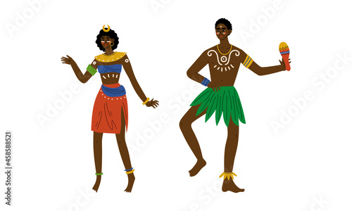 African Aboriginal Man and Woman with Painted Face Dressed in Traditional Tribal Clothing Vector Set