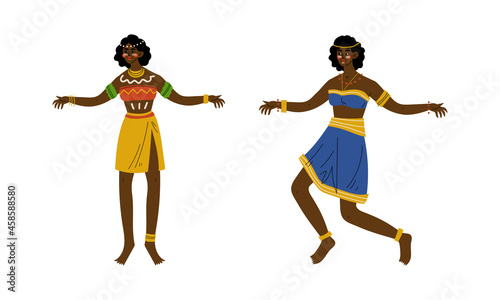 African Aboriginal Woman with Painted Face Dressed in Traditional Tribal Clothing Vector Set