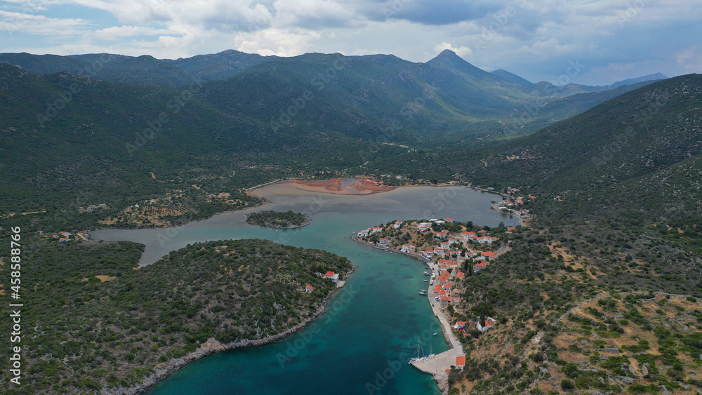 Aerial drone photo of fjord looking bay and village of Gerakas near famous castle of Monemvasia, a safe anchorage for yachts, Lakonia, Peloponnese, Greece