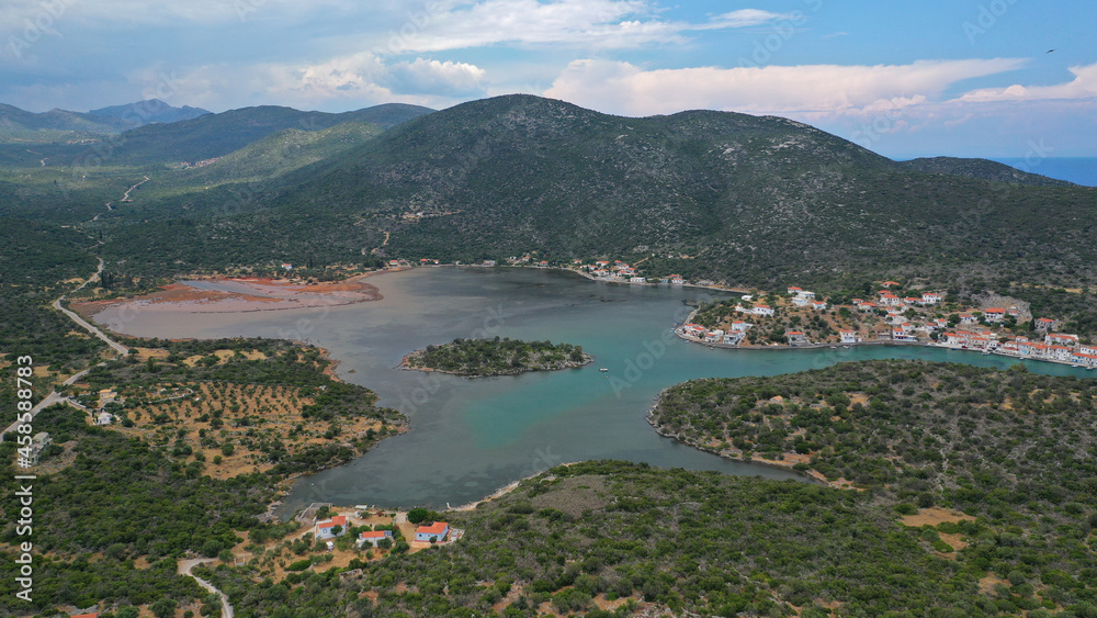 Aerial drone photo of fjord looking bay and village of Gerakas near famous castle of Monemvasia, a safe anchorage for yachts, Lakonia, Peloponnese, Greece