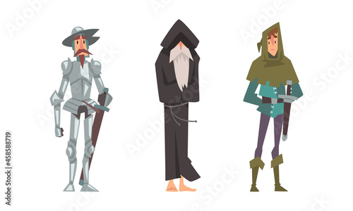 Medieval Warrior or Knight in Armor with Sword and Barefoot Wanderer in Hood Vector Set